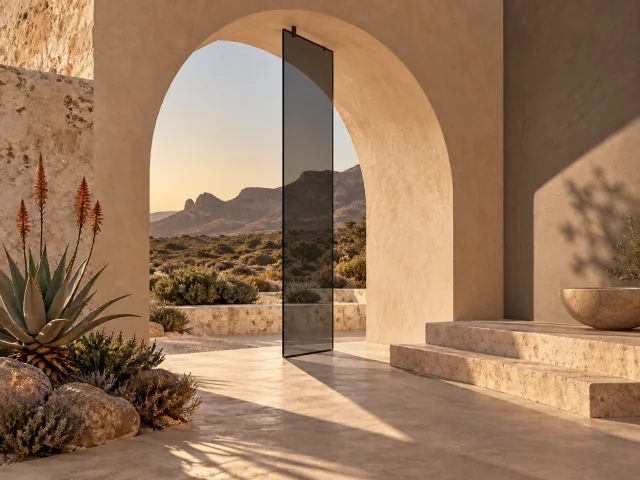 Original creative illustration of a warm courtyard with smoked glass and a fynbos landscape.
